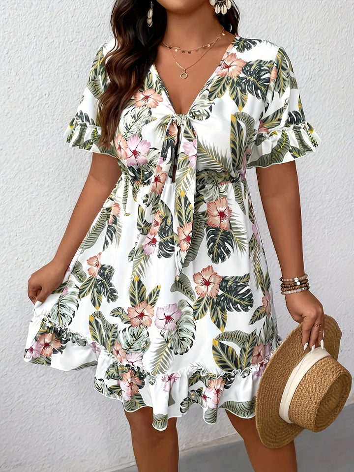 Tropical Print V-Neck Dress – Women’s Plus Size Tie Waist