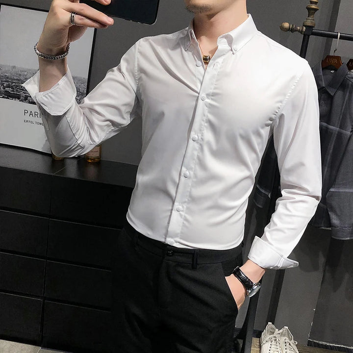 Bamboo Fiber Long Sleeve Shirt Solid Slim Fit Male