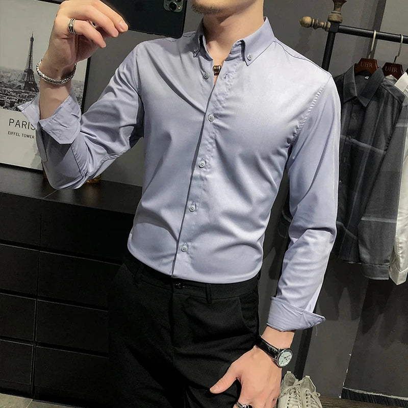 Bamboo Fiber Long Sleeve Shirt Solid Slim Fit Male