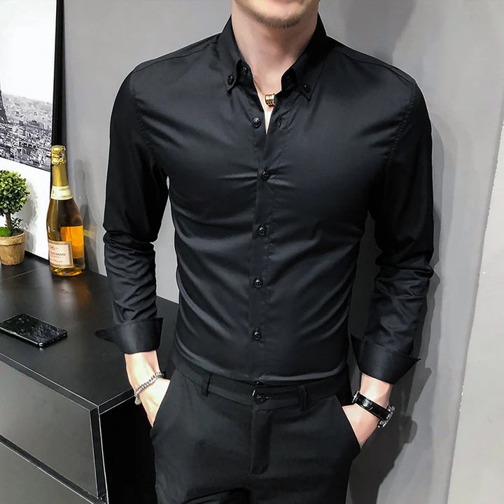 Bamboo Fiber Long Sleeve Shirt Solid Slim Fit Male