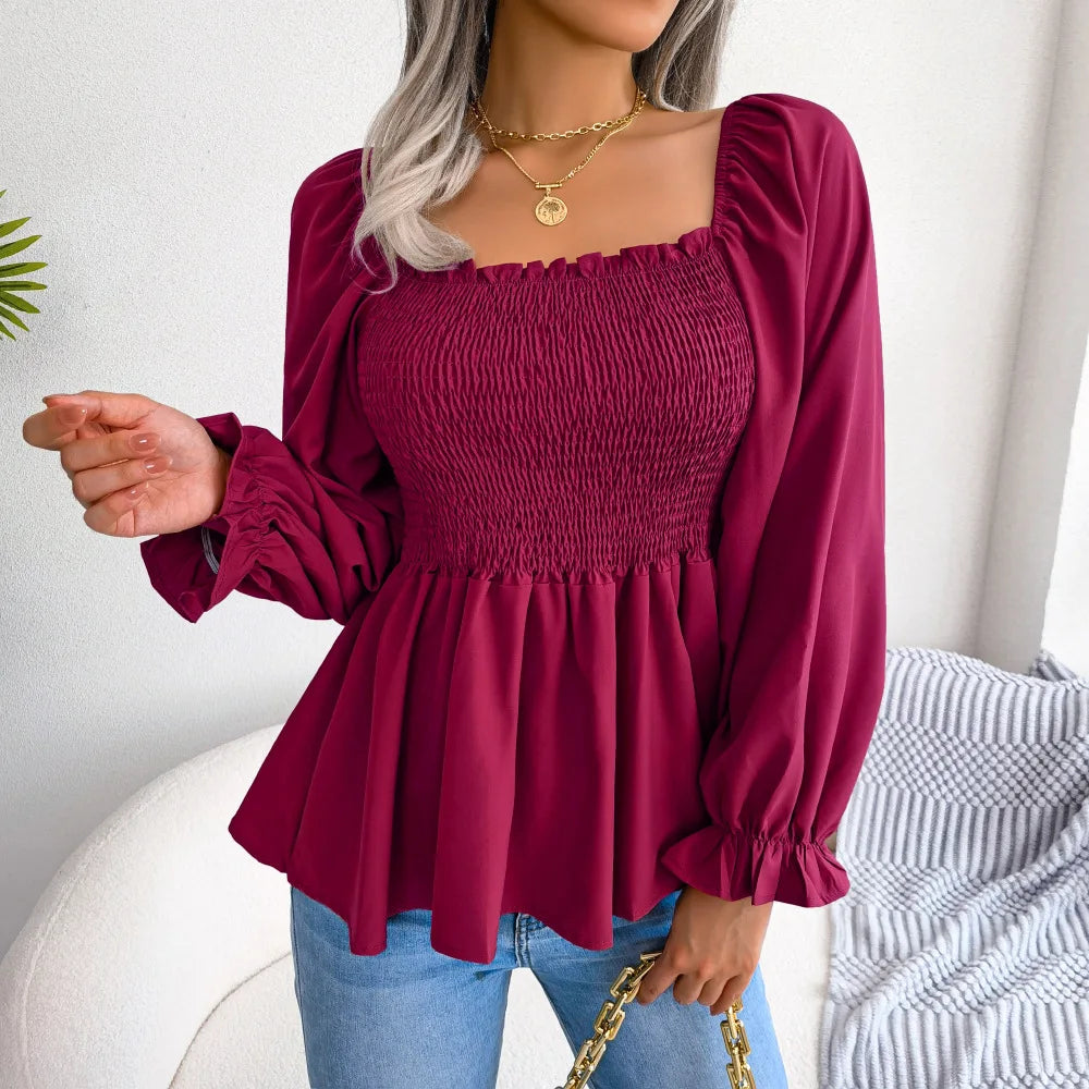 Women’s Ruffle Trim Blouse – Pleated Square Neck Design