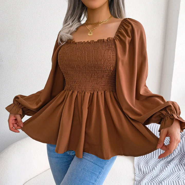 Women’s Ruffle Trim Blouse – Pleated Square Neck Design