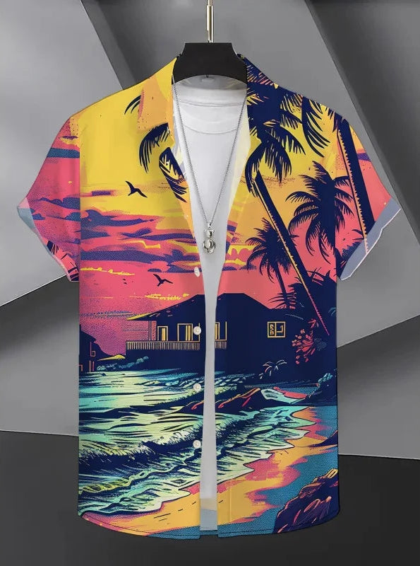 Men’s Tropical Shirt – Sunset Print Hawaiian Summer Top