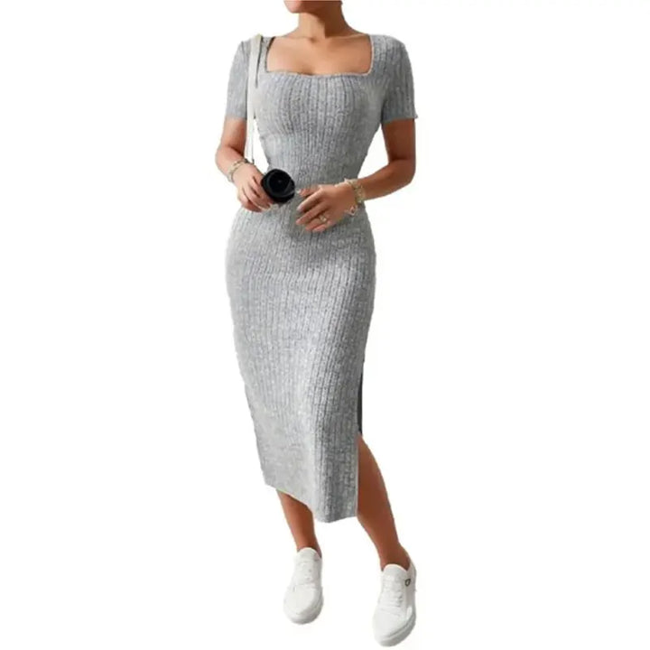 Square Neck Slim Fit Knit Midi Dress – Short Sleeve Slit Bodycon Dress