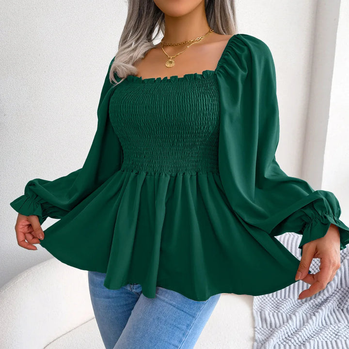 Women’s Ruffle Trim Blouse – Pleated Square Neck Design