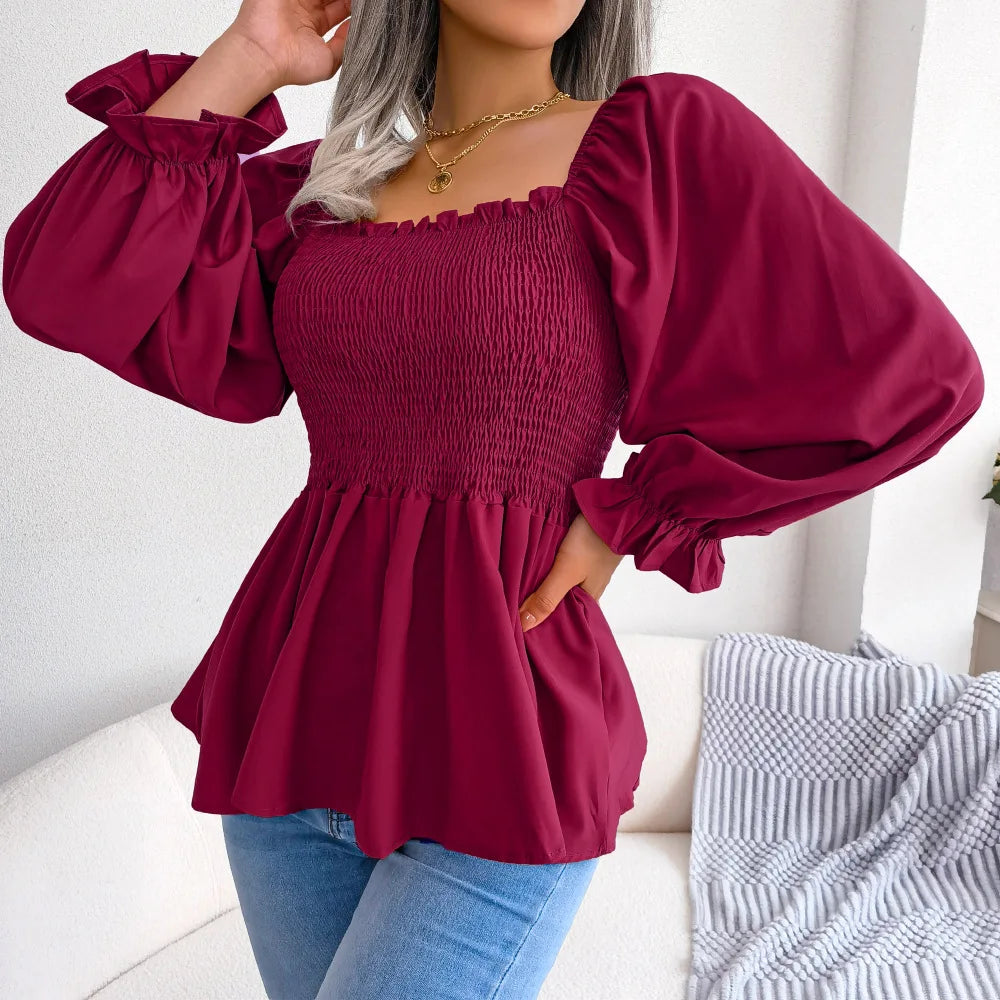 Women’s Ruffle Trim Blouse – Pleated Square Neck Design