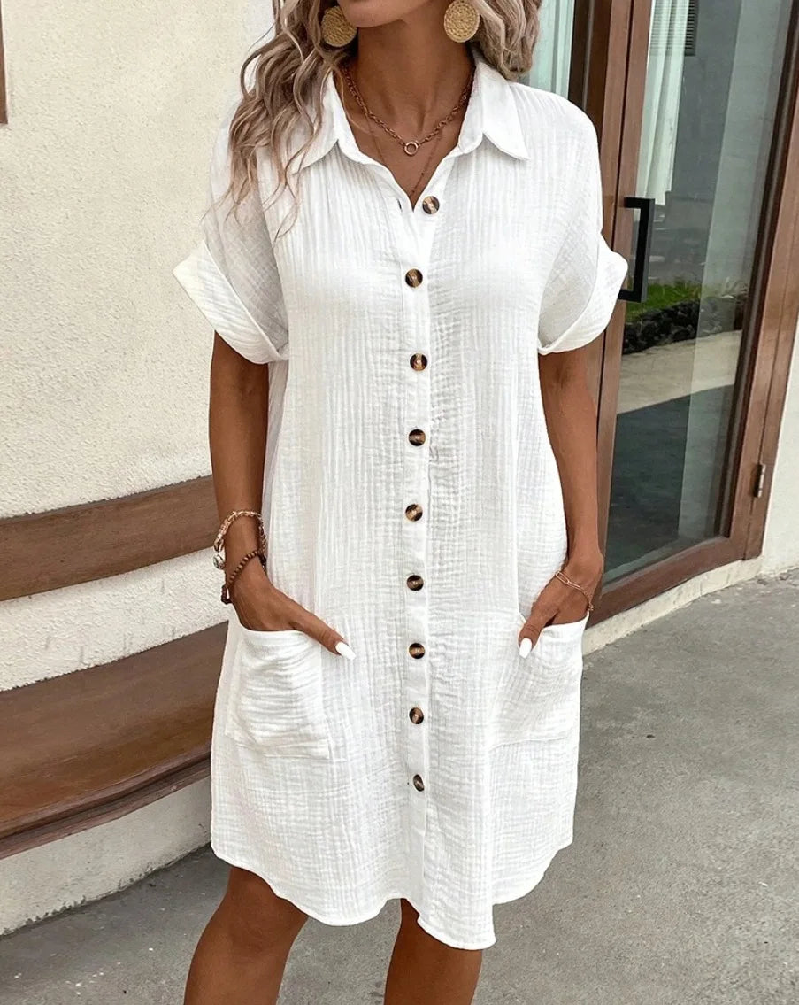Summer Comfort Dress – Medium Length with Collar & Buckle Detail