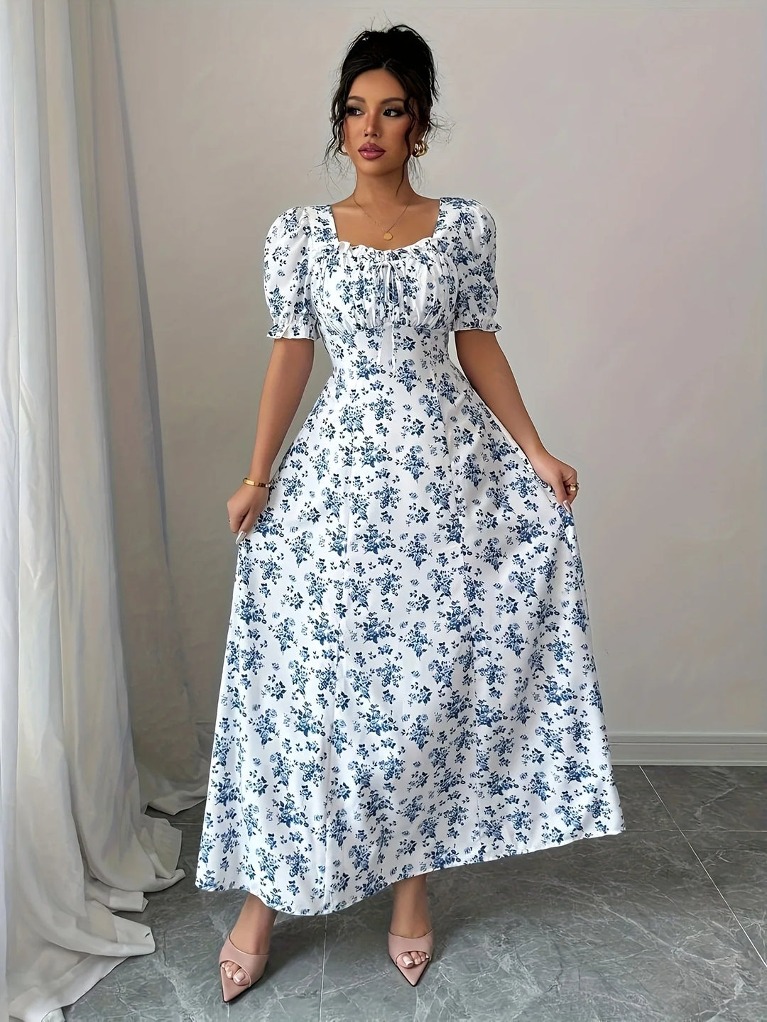 Women’s V-Neck Summer Dress – Printed Short Sleeve