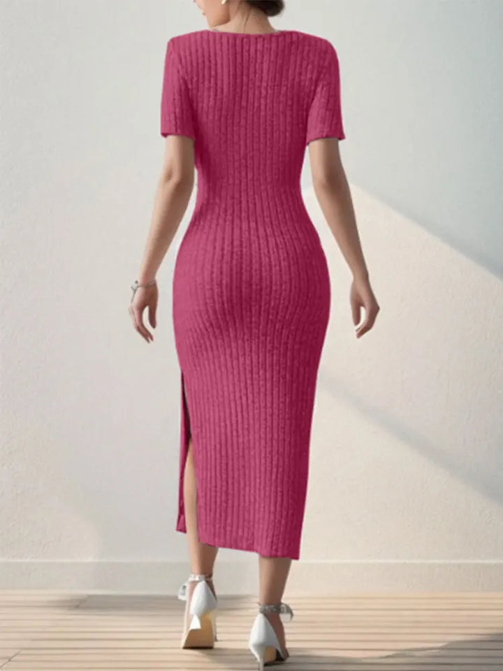 Square Neck Slim Fit Knit Midi Dress – Short Sleeve Slit Bodycon Dress