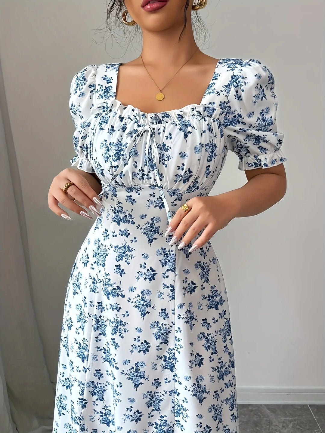 Women’s V-Neck Summer Dress – Printed Short Sleeve