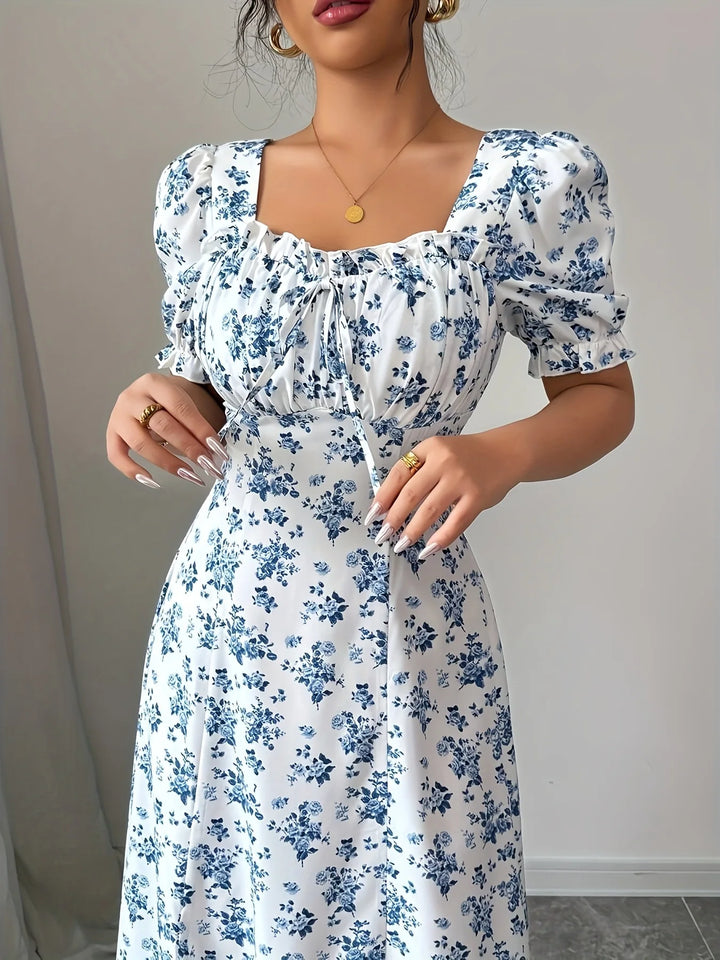 Women’s V-Neck Summer Dress – Printed Short Sleeve