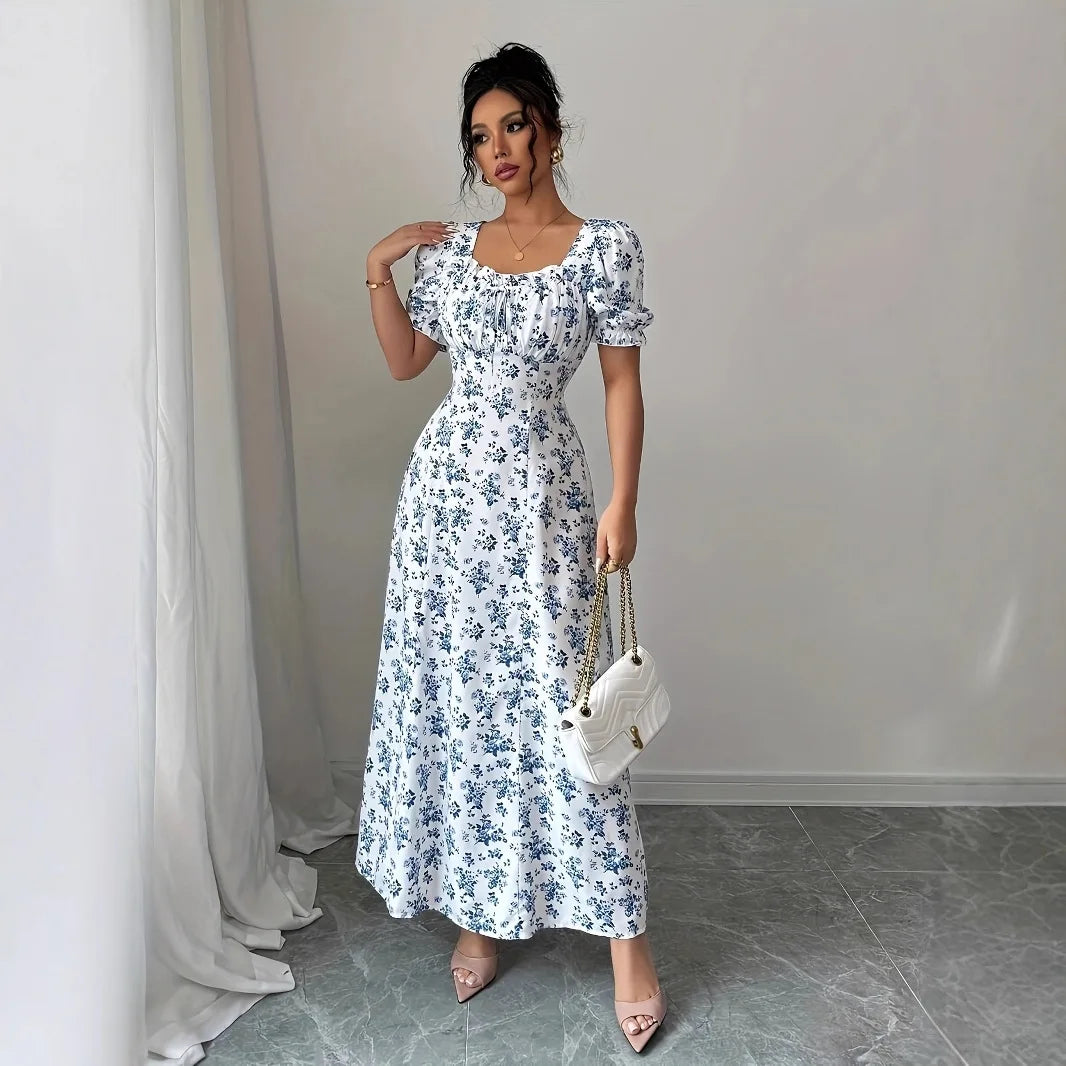 Women’s V-Neck Summer Dress – Printed Short Sleeve