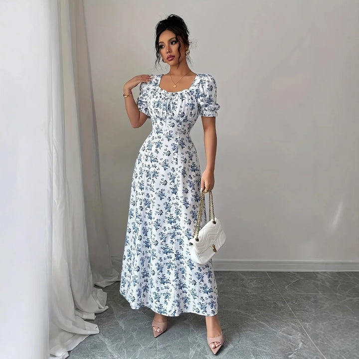 Women’s V-Neck Summer Dress – Printed Short Sleeve