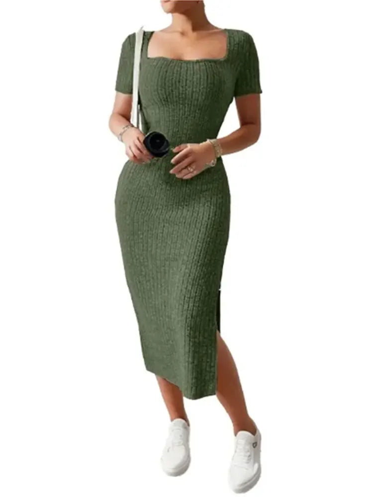 Square Neck Slim Fit Knit Midi Dress – Short Sleeve Slit Bodycon Dress