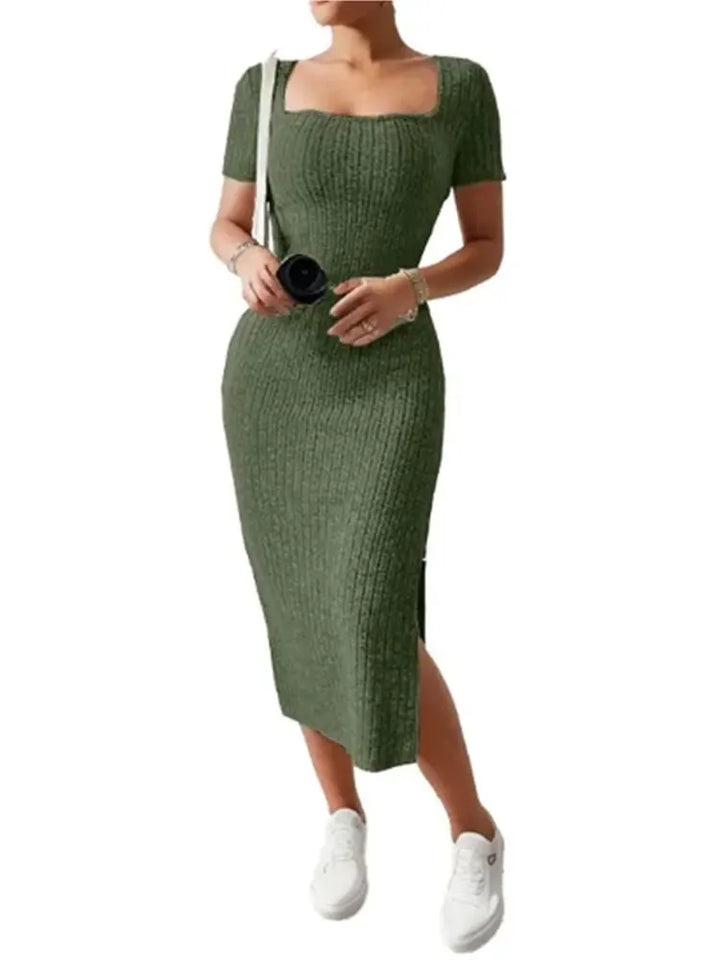 Square Neck Slim Fit Knit Midi Dress – Short Sleeve Slit Bodycon Dress