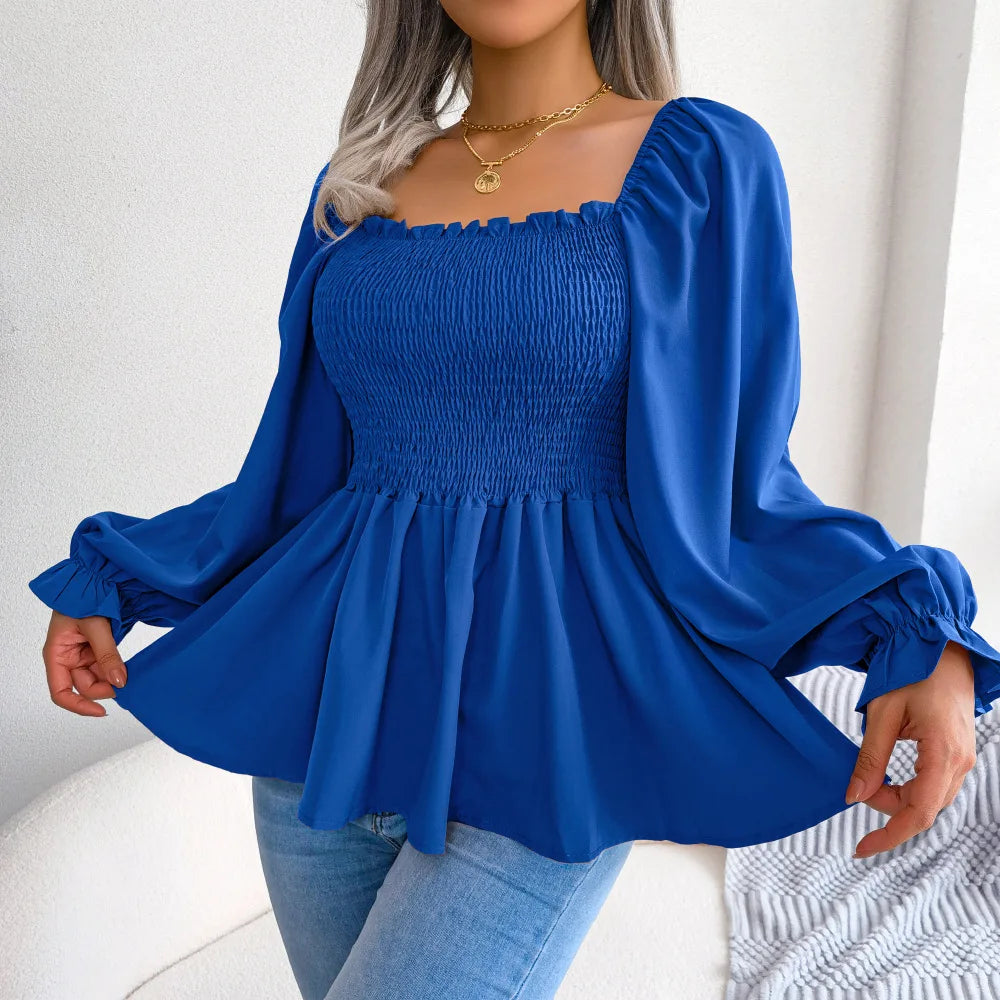 Women’s Ruffle Trim Blouse – Pleated Square Neck Design
