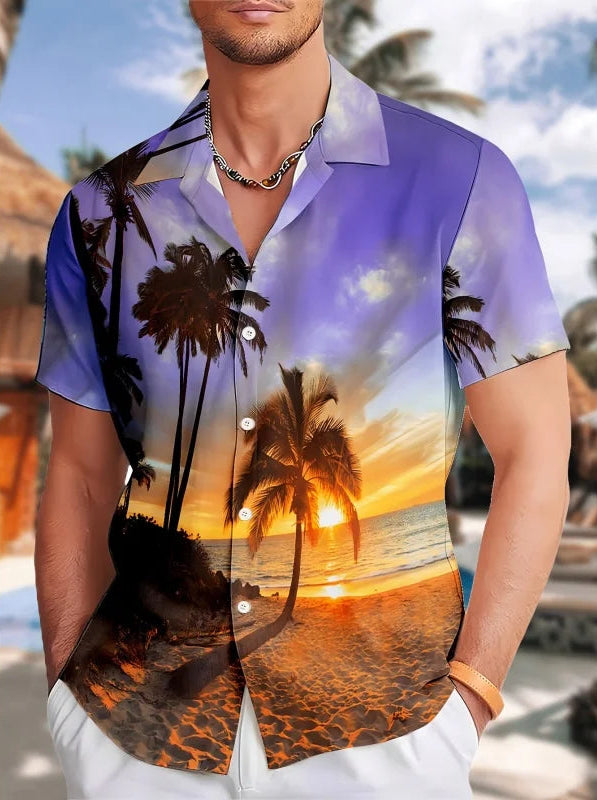 Men’s Tropical Shirt – Sunset Print Hawaiian Summer Top