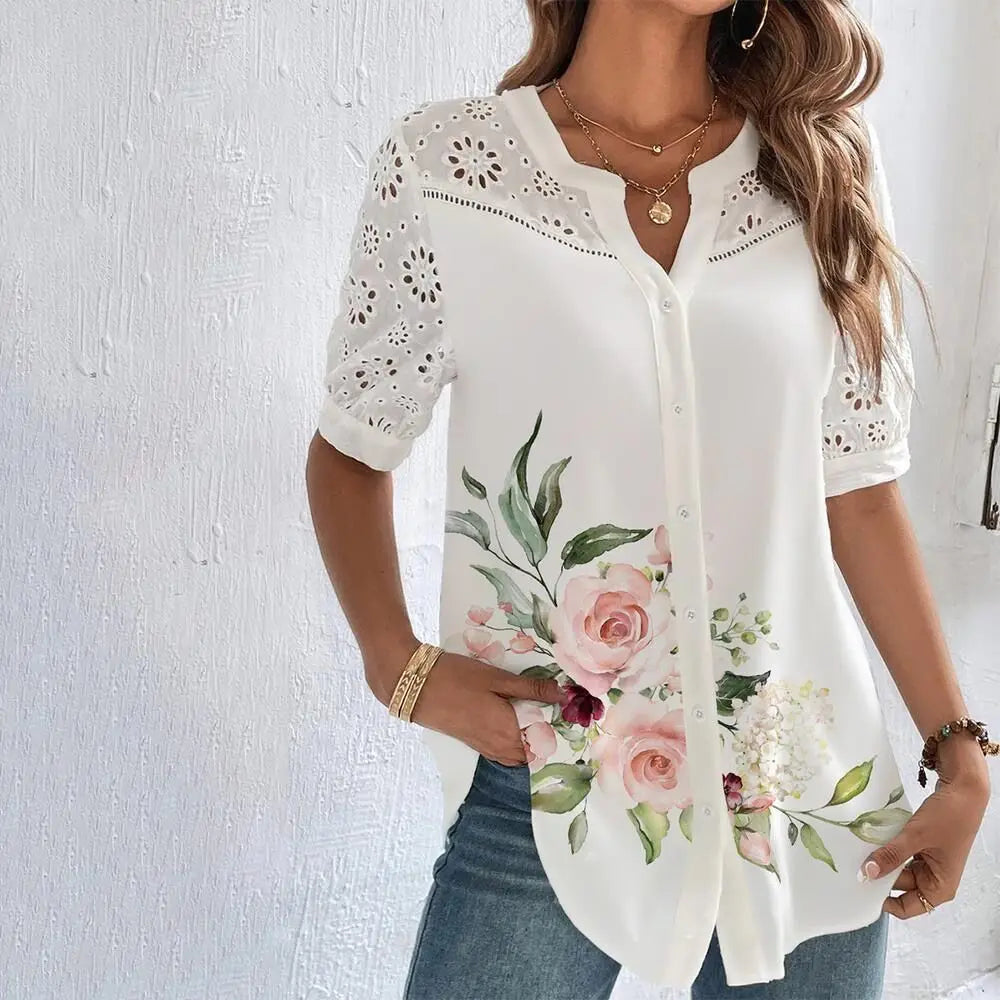 Elegant Lace Blouse – Casual Short Sleeve Top