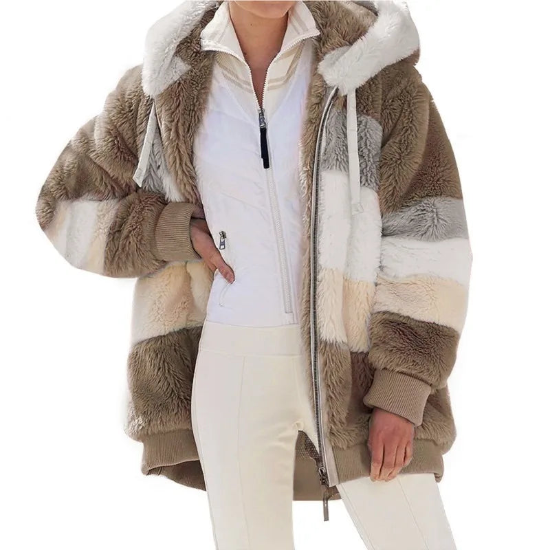 Women's Loose Fit Hooded Plush Coat – Warm, Casual Autumn/Winter Outerwear
