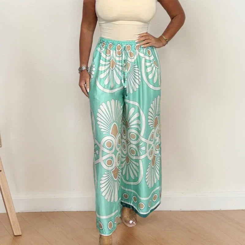 Boho Style Wide Leg Pants – Casual Print with Adjustable Tie