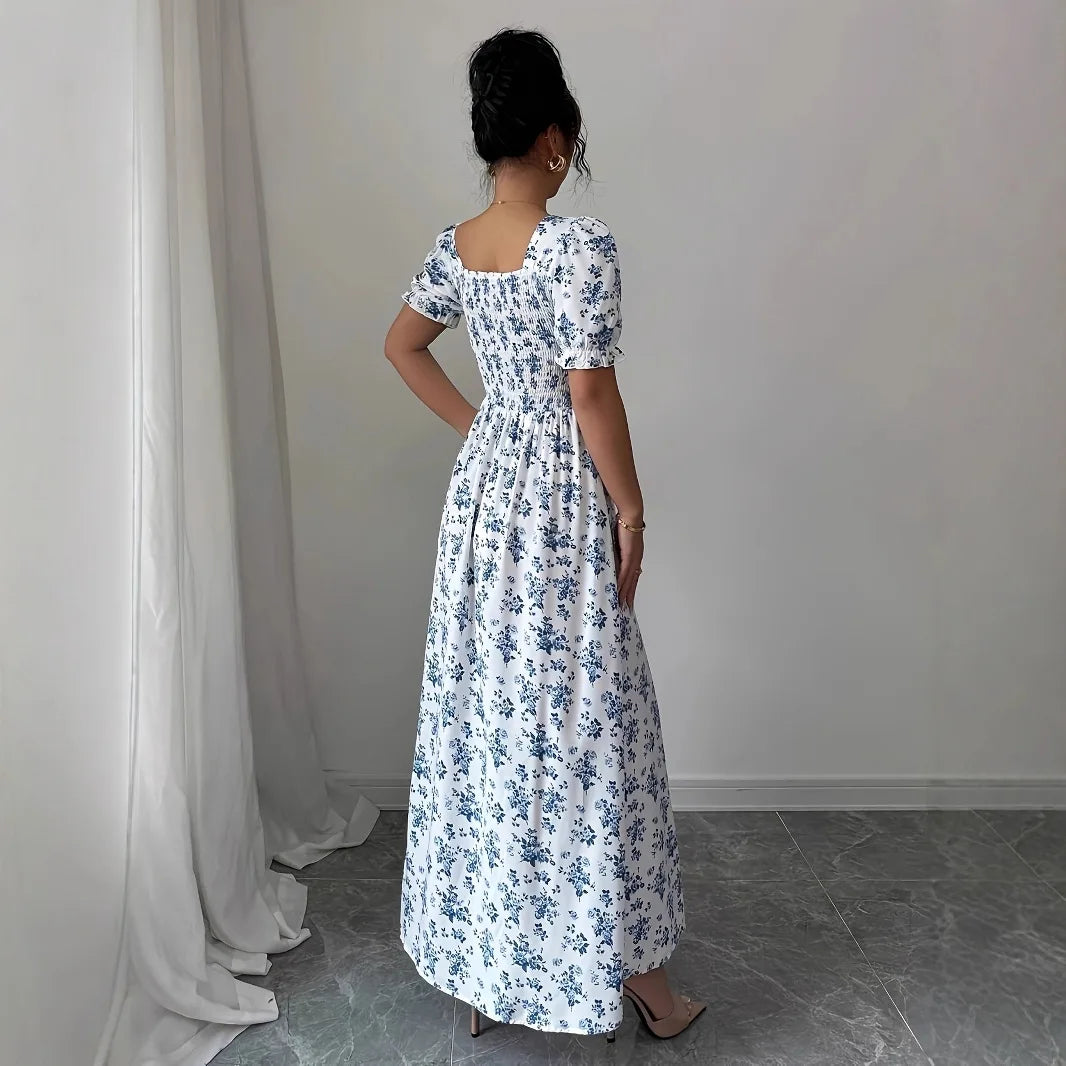 Women’s V-Neck Summer Dress – Printed Short Sleeve