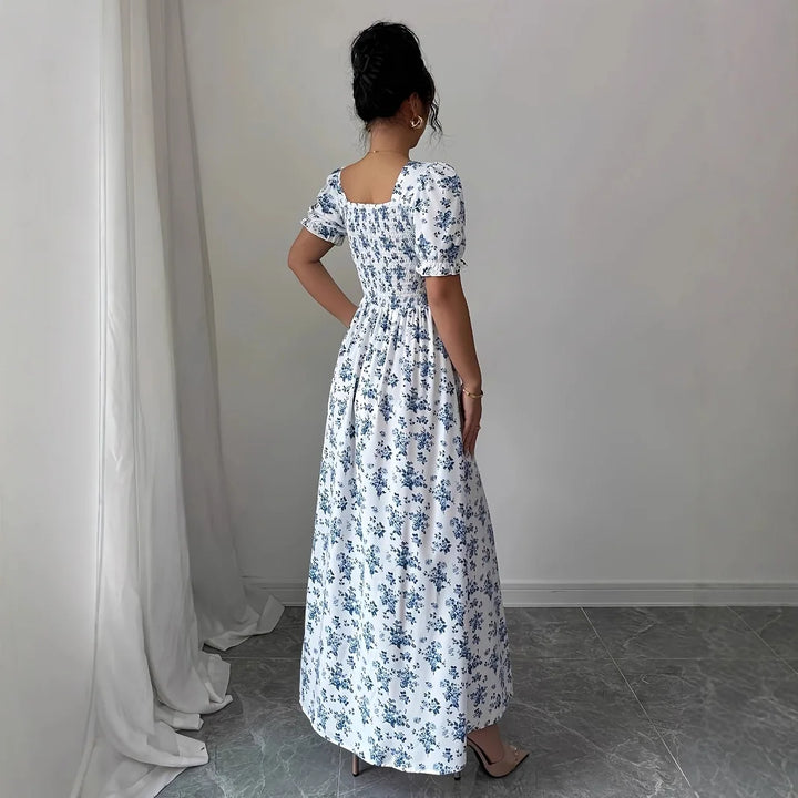 Women’s V-Neck Summer Dress – Printed Short Sleeve