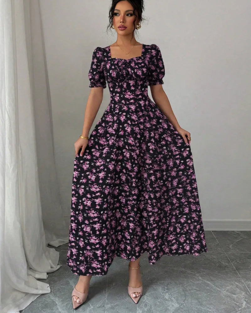 Women’s V-Neck Summer Dress – Printed Short Sleeve