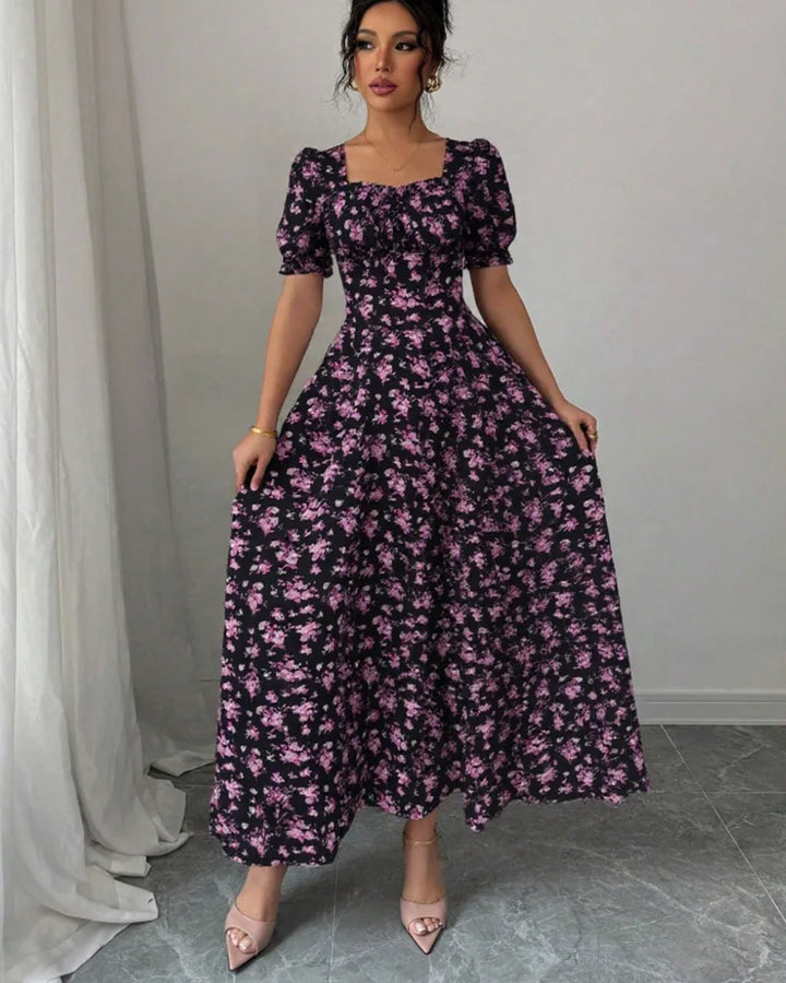 Women’s V-Neck Summer Dress – Printed Short Sleeve