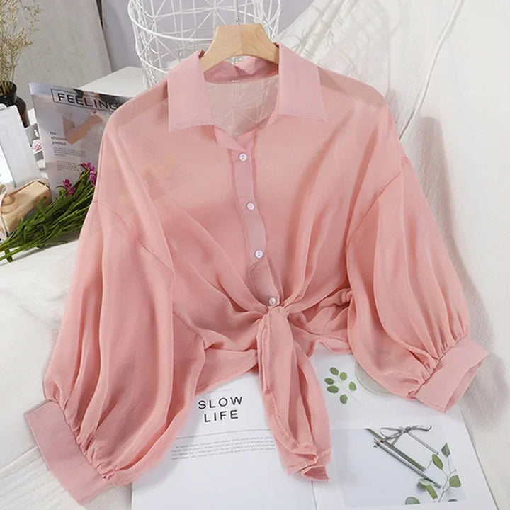 Casual Tie Waist Blouse – Women’s Summer Chiffon Top