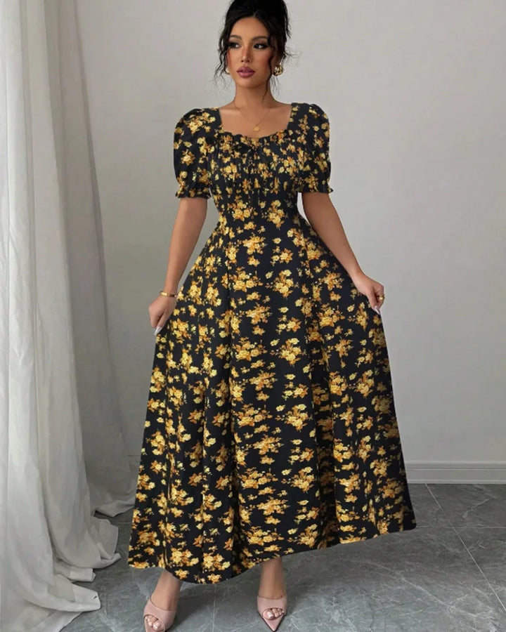 Women’s V-Neck Summer Dress – Printed Short Sleeve