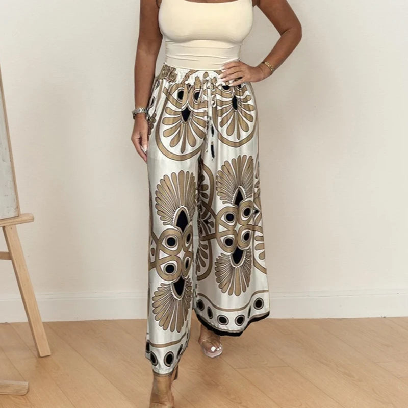 Boho Style Wide Leg Pants – Casual Print with Adjustable Tie