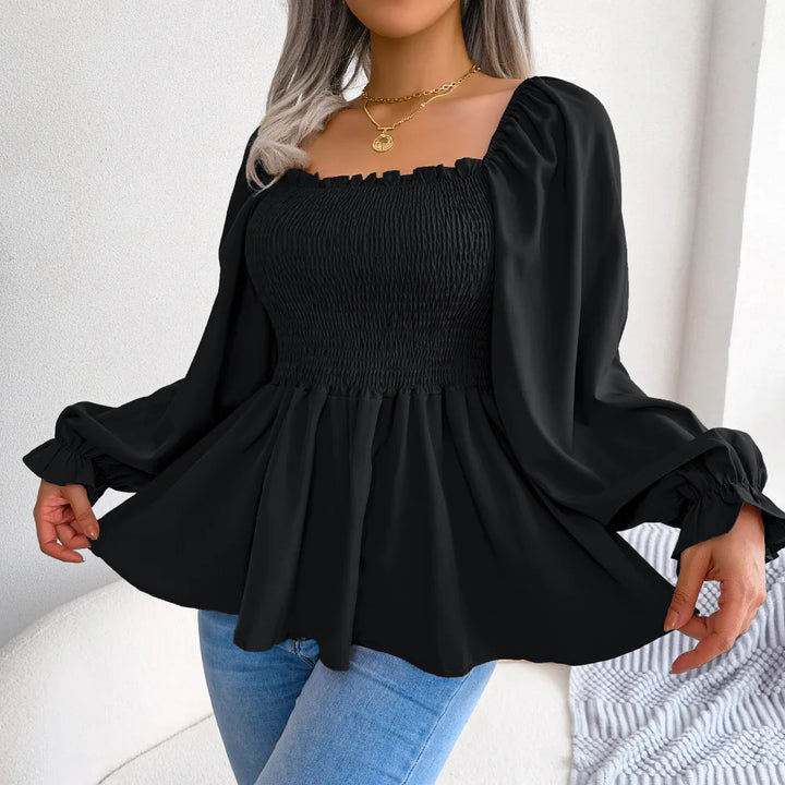 Women’s Ruffle Trim Blouse – Pleated Square Neck Design