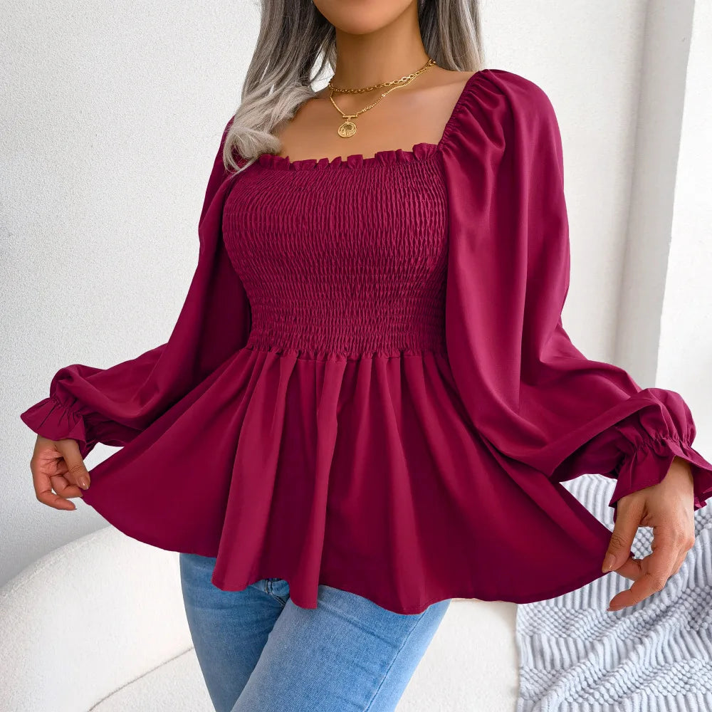 Women’s Ruffle Trim Blouse – Pleated Square Neck Design