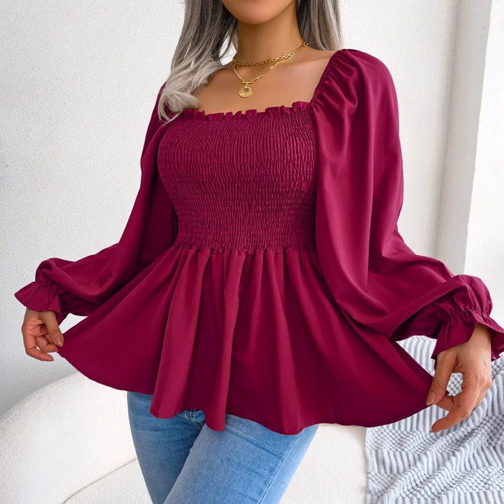 Women’s Ruffle Trim Blouse – Pleated Square Neck Design