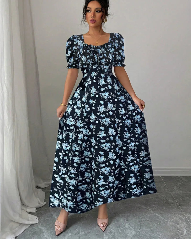 Women’s V-Neck Summer Dress – Printed Short Sleeve