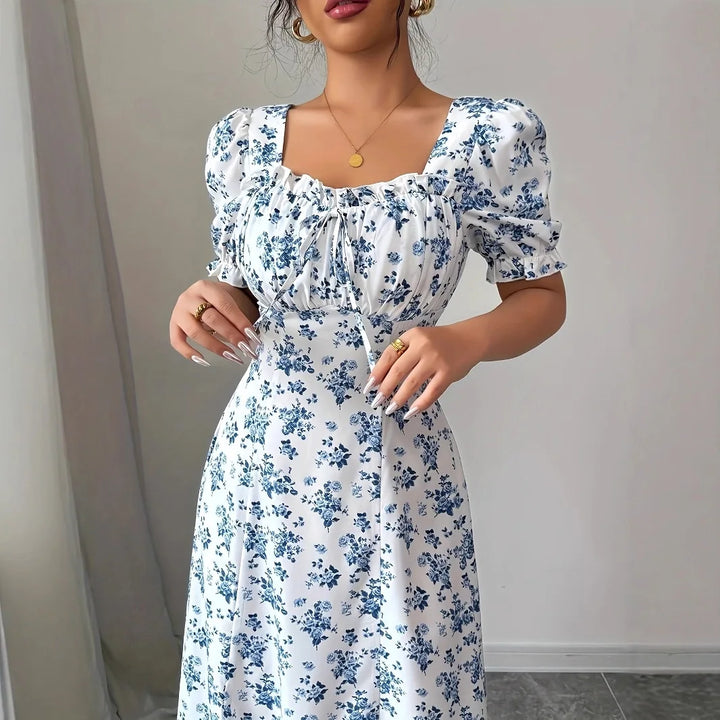 Women’s V-Neck Summer Dress – Printed Short Sleeve