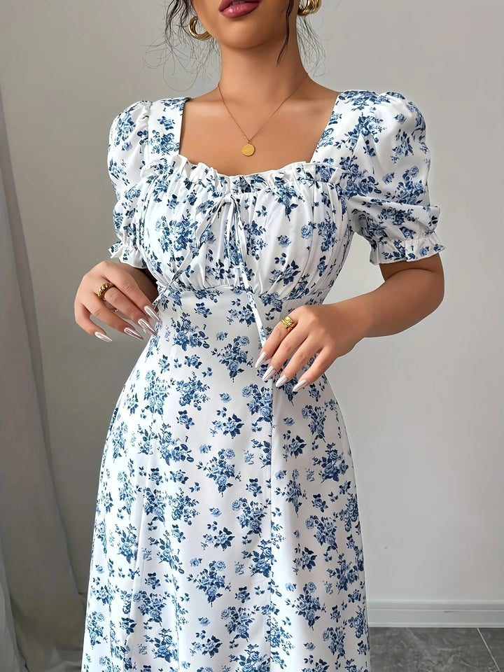 Women’s V-Neck Summer Dress – Printed Short Sleeve