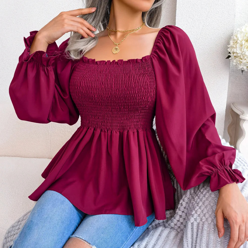 Women’s Ruffle Trim Blouse – Pleated Square Neck Design