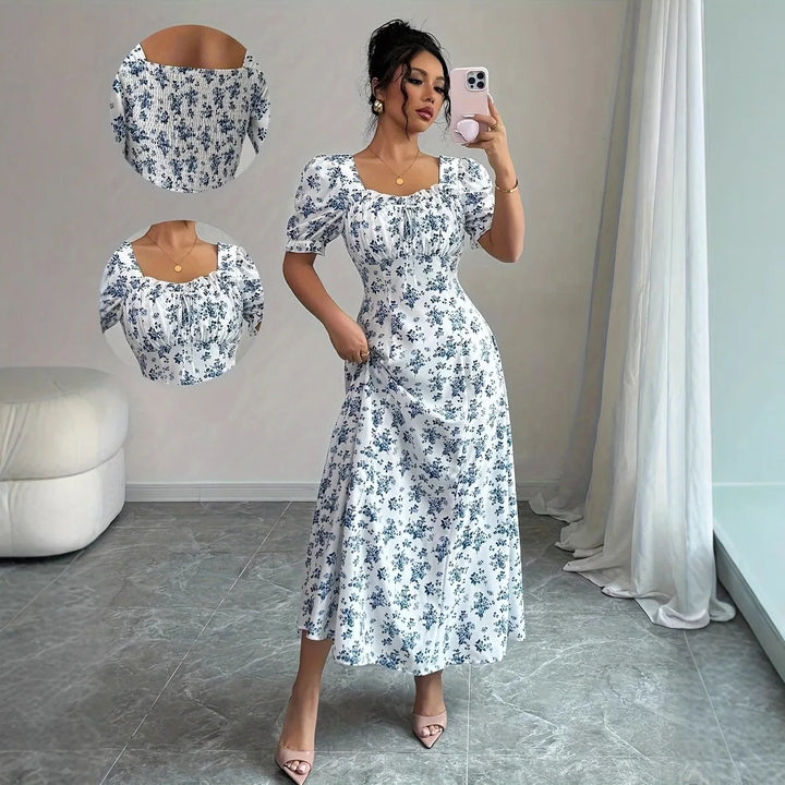 Women’s V-Neck Summer Dress – Printed Short Sleeve