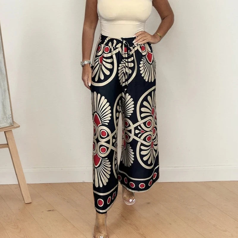 Boho Style Wide Leg Pants – Casual Print with Adjustable Tie