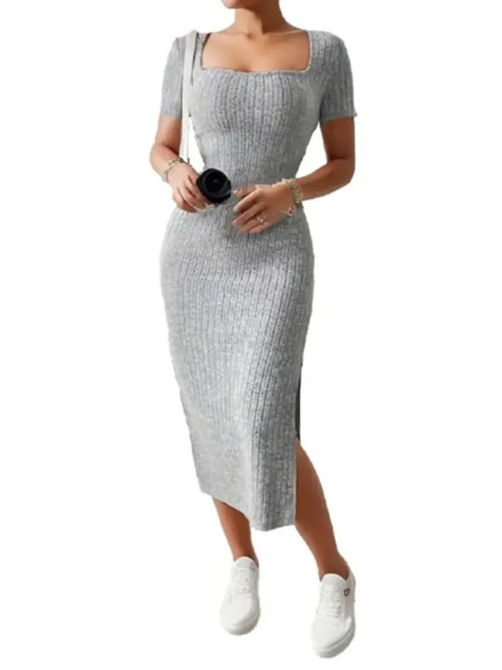 Square Neck Slim Fit Knit Midi Dress – Short Sleeve Slit Bodycon Dress
