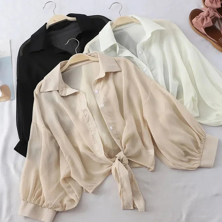 Casual Tie Waist Blouse – Women’s Summer Chiffon Top