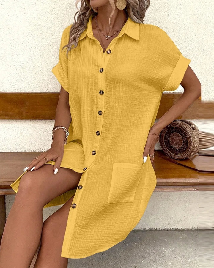 Summer Comfort Dress – Medium Length with Collar & Buckle Detail