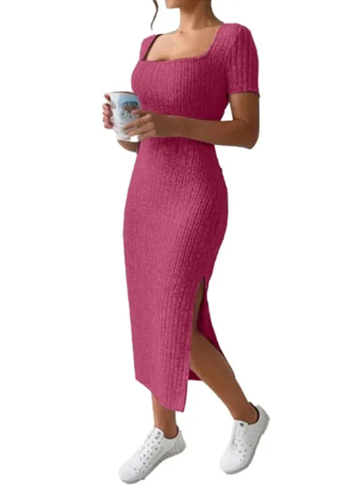 Square Neck Slim Fit Knit Midi Dress – Short Sleeve Slit Bodycon Dress