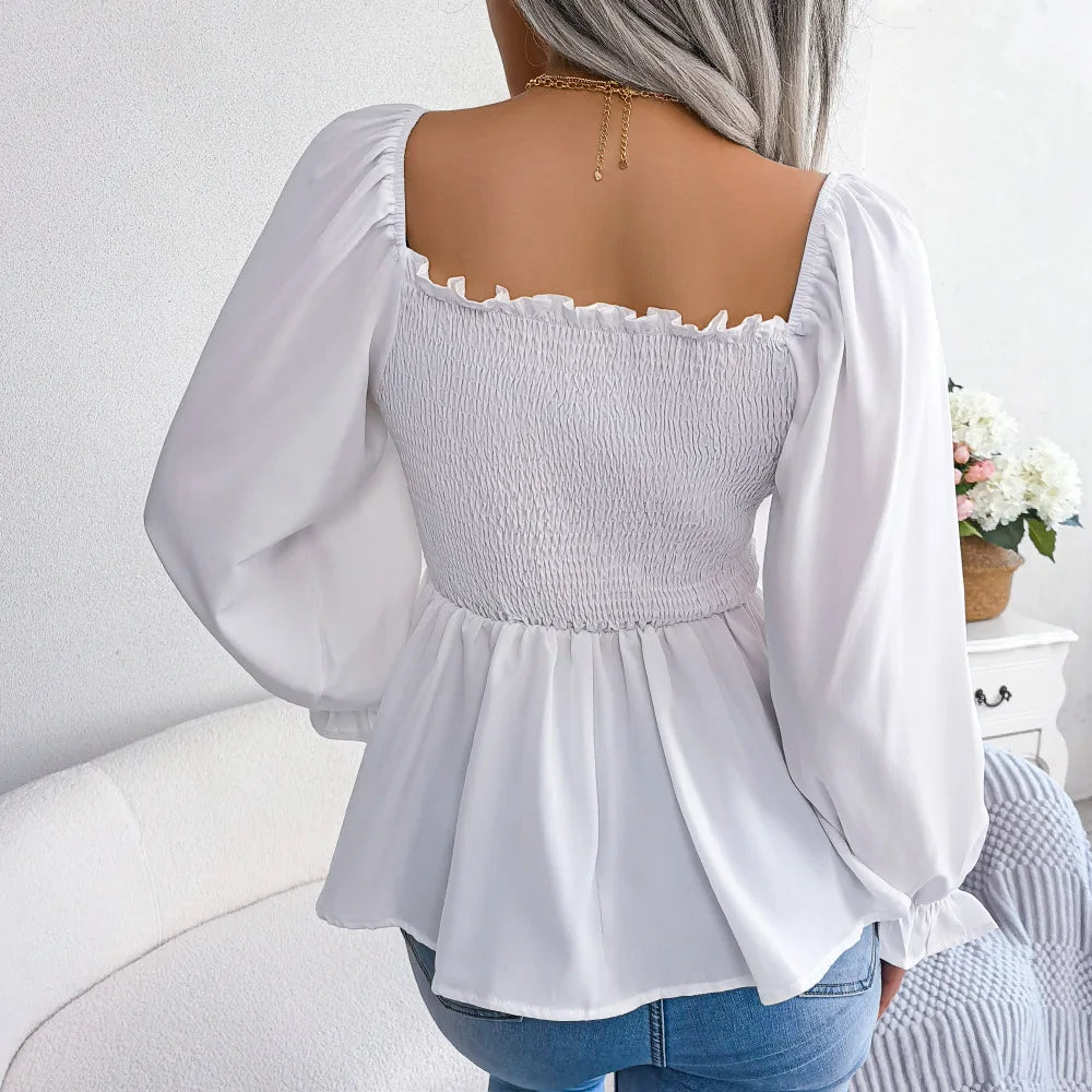 Women’s Ruffle Trim Blouse – Pleated Square Neck Design