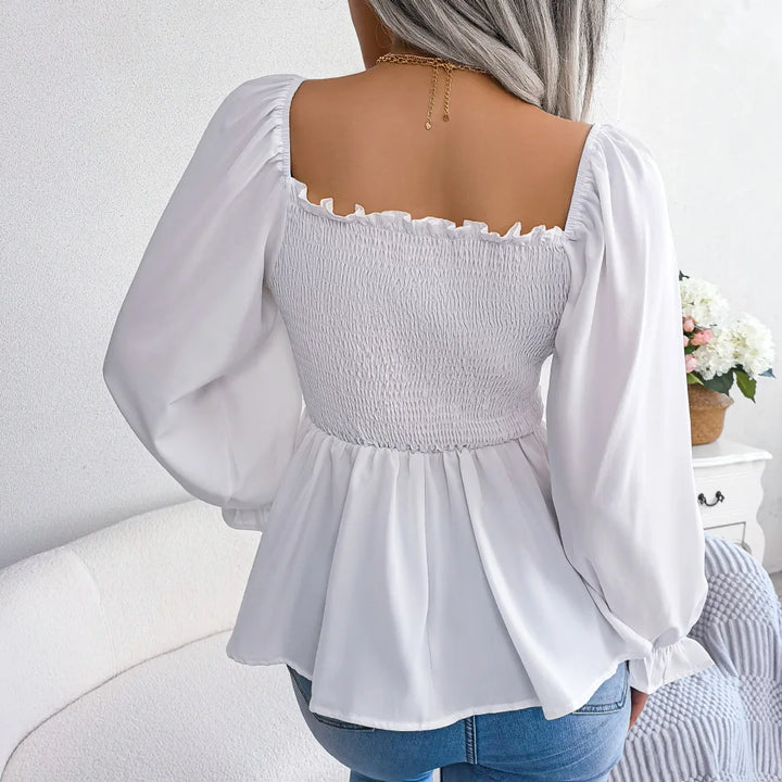 Women’s Ruffle Trim Blouse – Pleated Square Neck Design