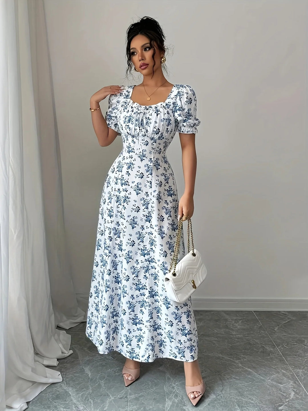 Women’s V-Neck Summer Dress – Printed Short Sleeve