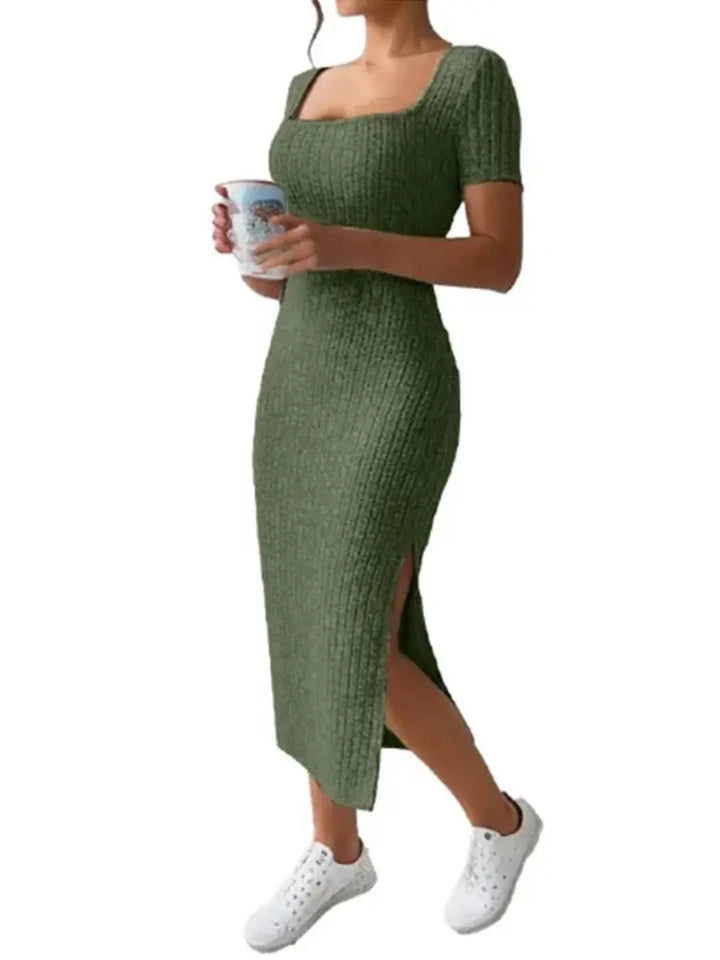 Square Neck Slim Fit Knit Midi Dress – Short Sleeve Slit Bodycon Dress