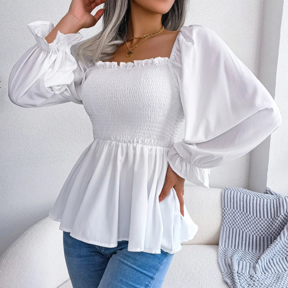 Women’s Ruffle Trim Blouse – Pleated Square Neck Design