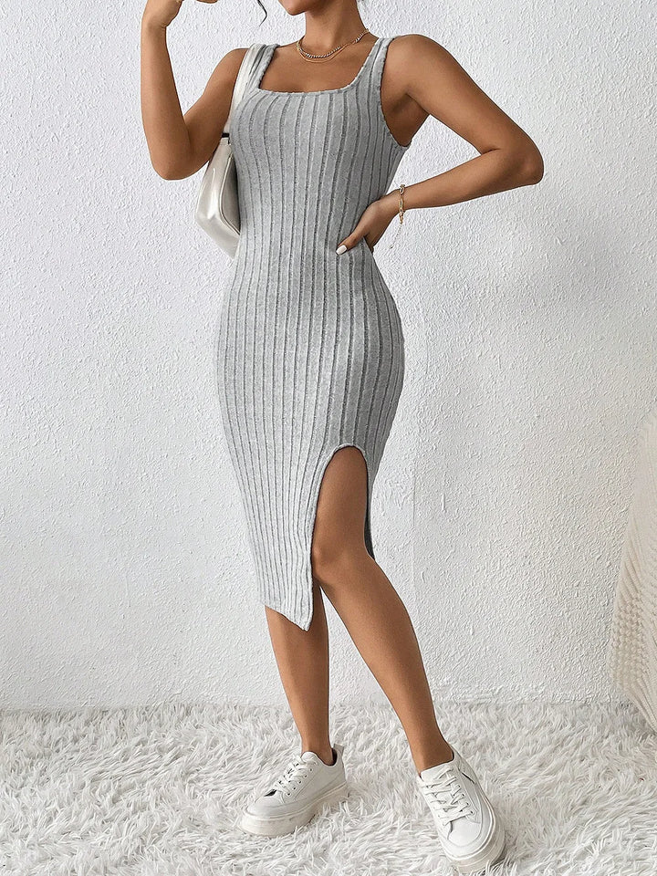 Knitted Suspender Midi Dress – Sleeveless Square Neck with Side Slit